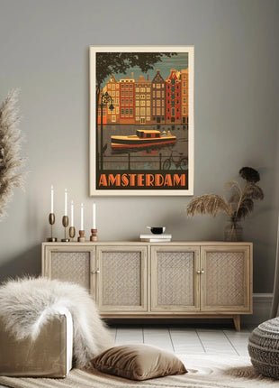 Amsterdam Vintage Travel Poster Depicting Retro Canal Scene