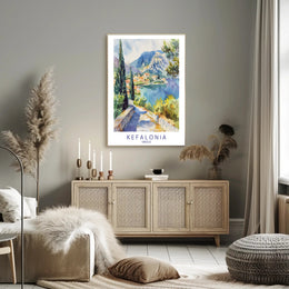 Kefalonia Coastal Village Watercolor Travel Poster PosterGoat