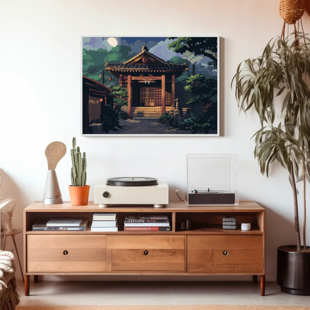 Moonlit Japanese Temple Pixel Art Poster