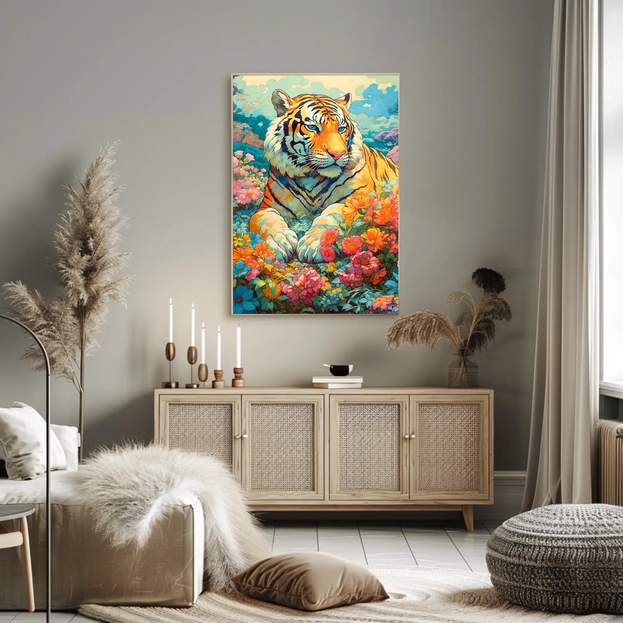 Majestic Tiger in Lush Garden Animal Poster