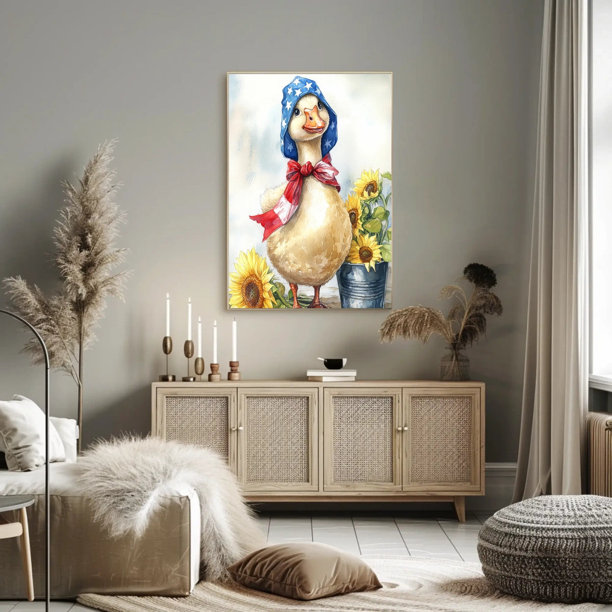 Chubby Goose In Star Spangled Bonnet With Sunflowers Poster