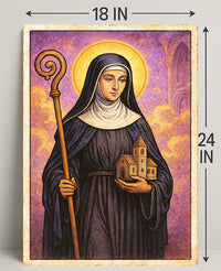Saintly Figure with Church Model Poster PosterGoat