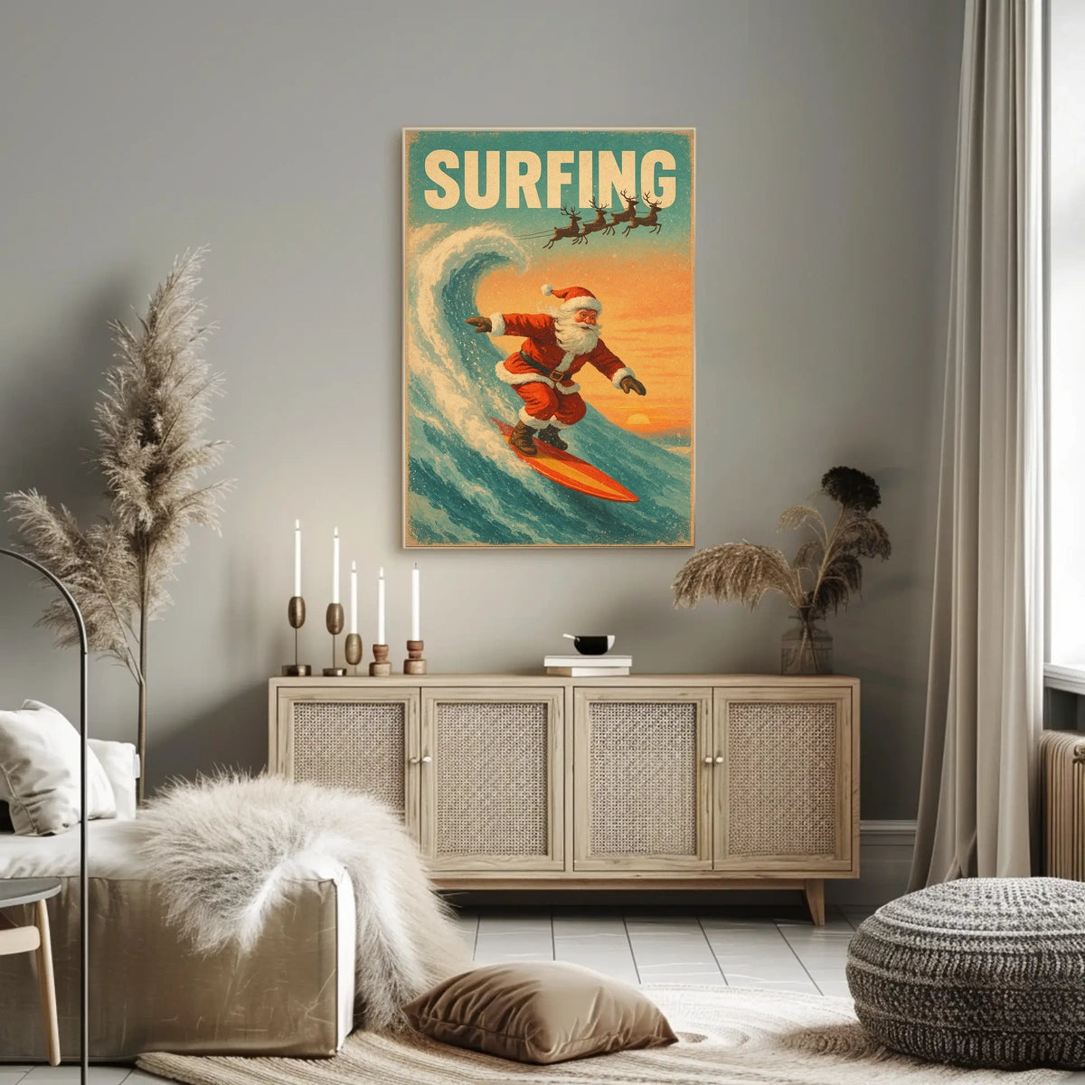Santa Surfing Retro Christmas Holiday Poster