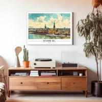 Scenic Hamburg Harbour Vibrant Illustration Urban or Cityscape Poster