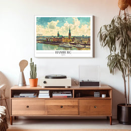 Scenic Hamburg Harbour Vibrant Illustration Urban or Cityscape Poster
