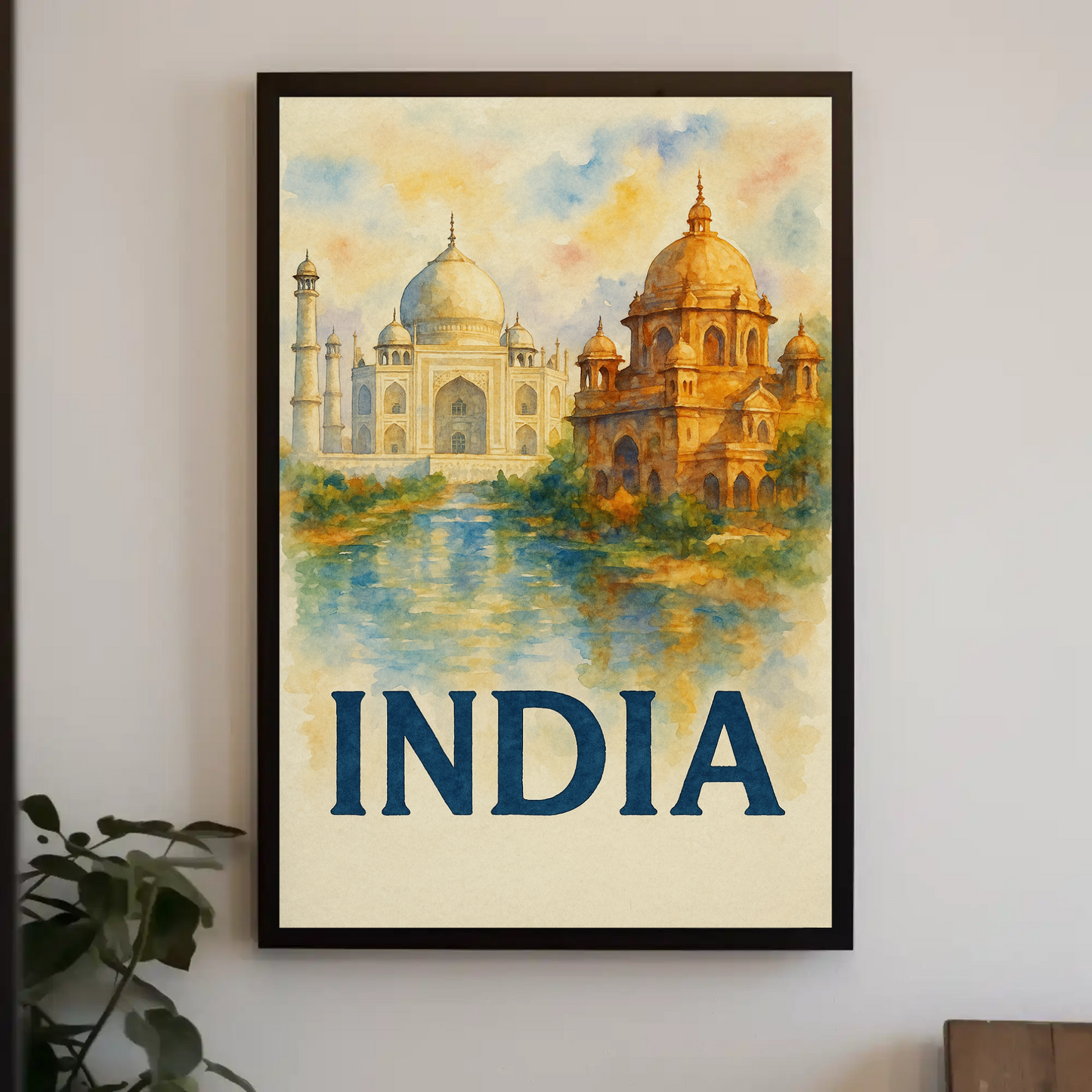 India Taj Mahal Watercolor Palace Reflection Travel Poster