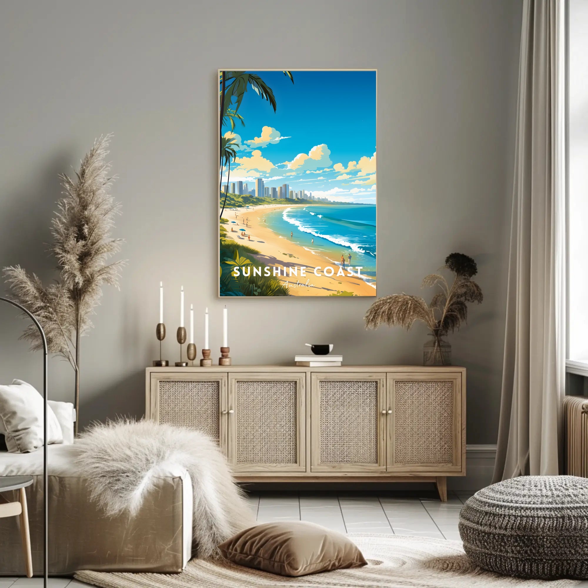 Sunshine Coast Vibrant Beach Scene Travel Poster