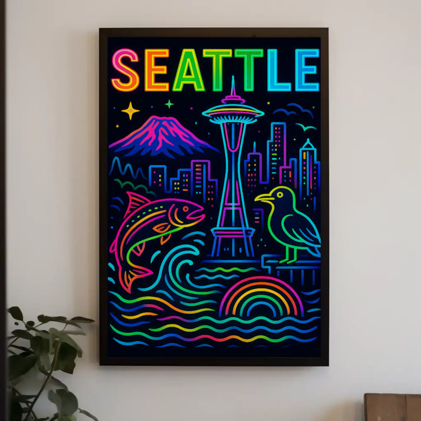 Seattle Washington Space Needle Neon Skyline Poster Poster