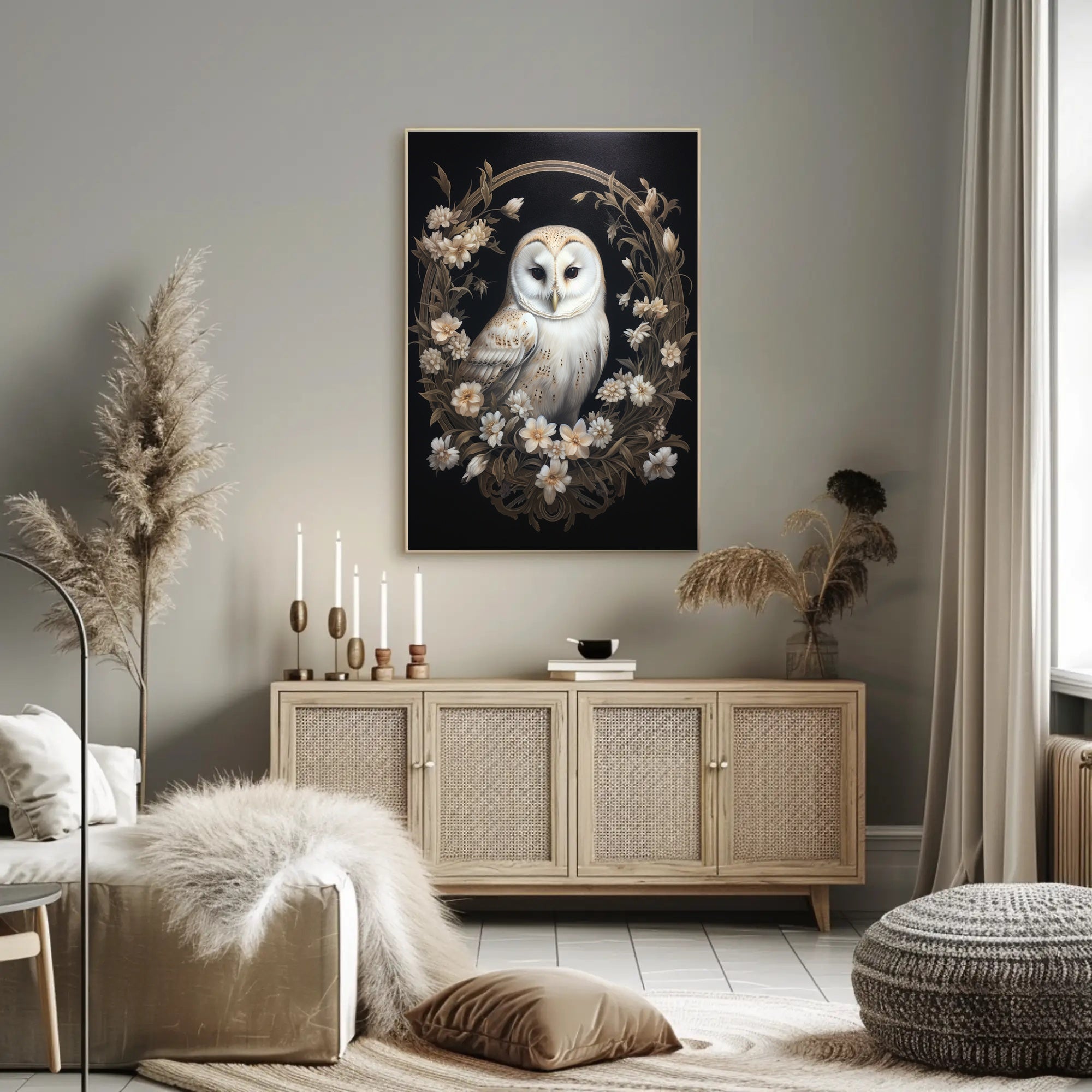 Barn Owl and Floral Wreath Animal Poster