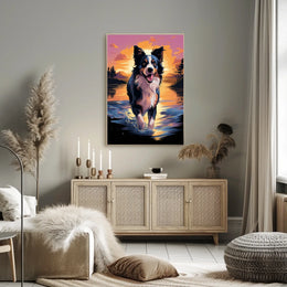 Cheerful Dog at Sunset Landscape Artistic Animal Poster