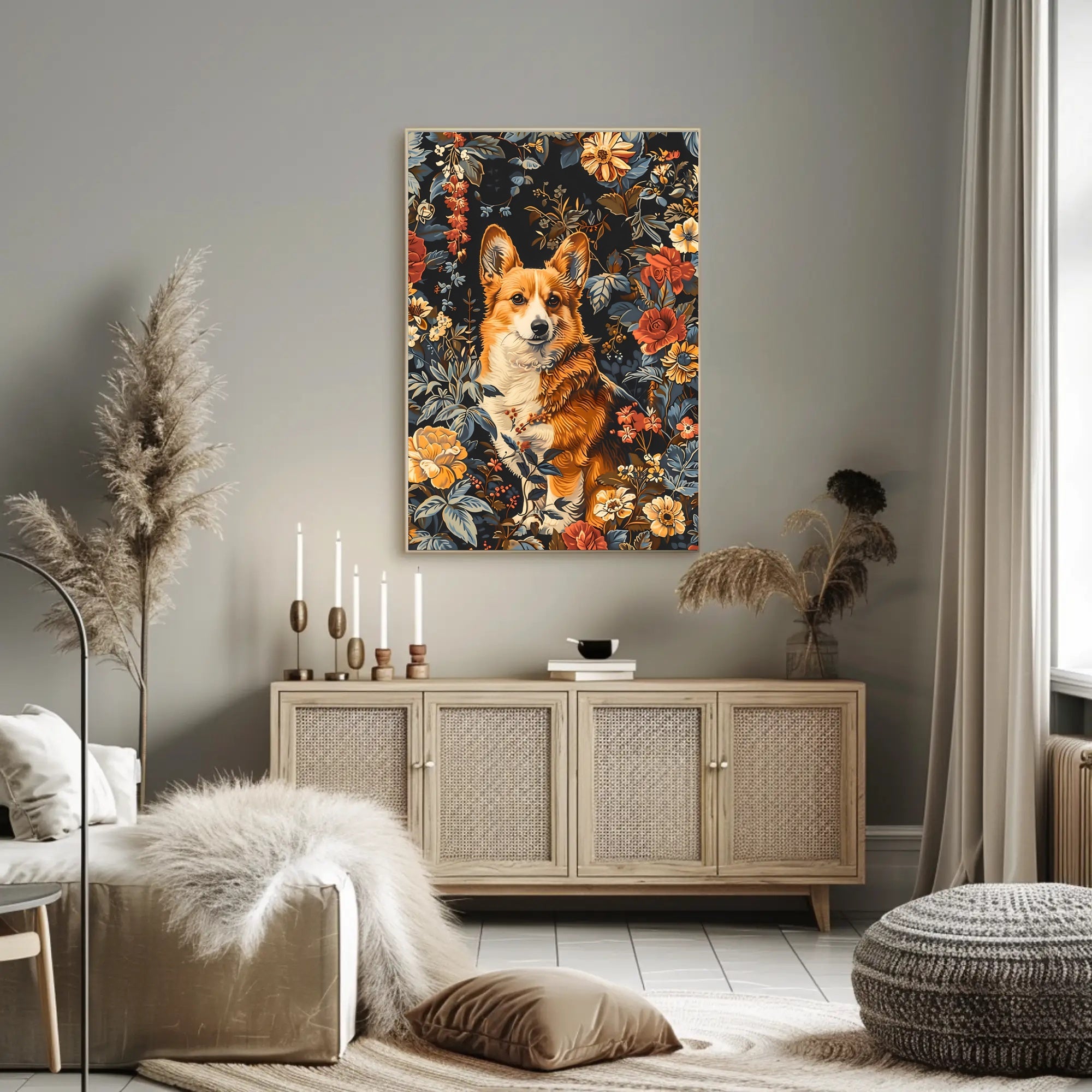 Floral Corgi Portrait Wall Art Print