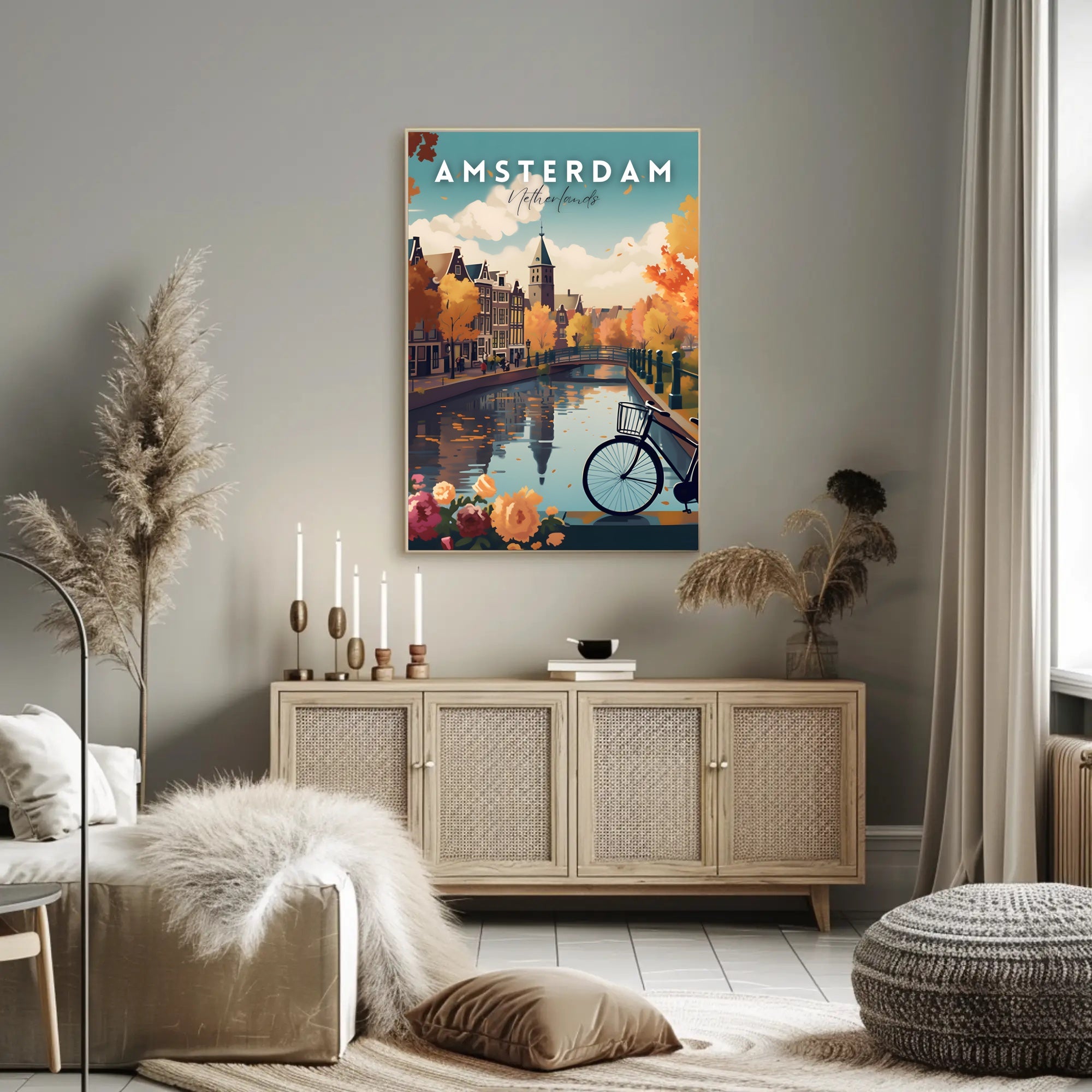 Scenic Autumn Amsterdam Canal Travel Poster