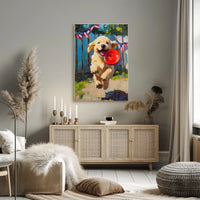 Golden Retriever Puppy Running With Red Frisbee Poster