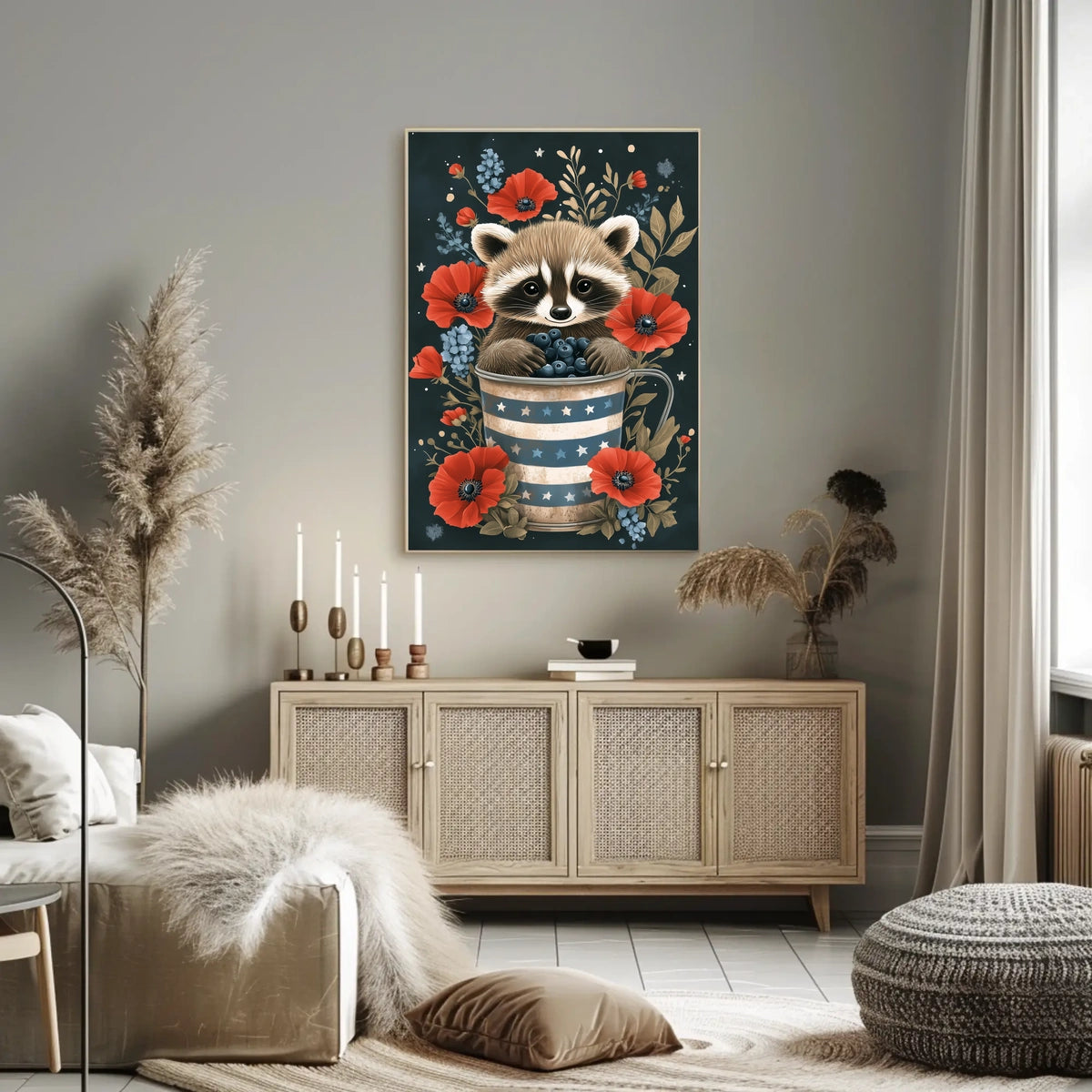 raccoon sitting inside a metal watering can Poster