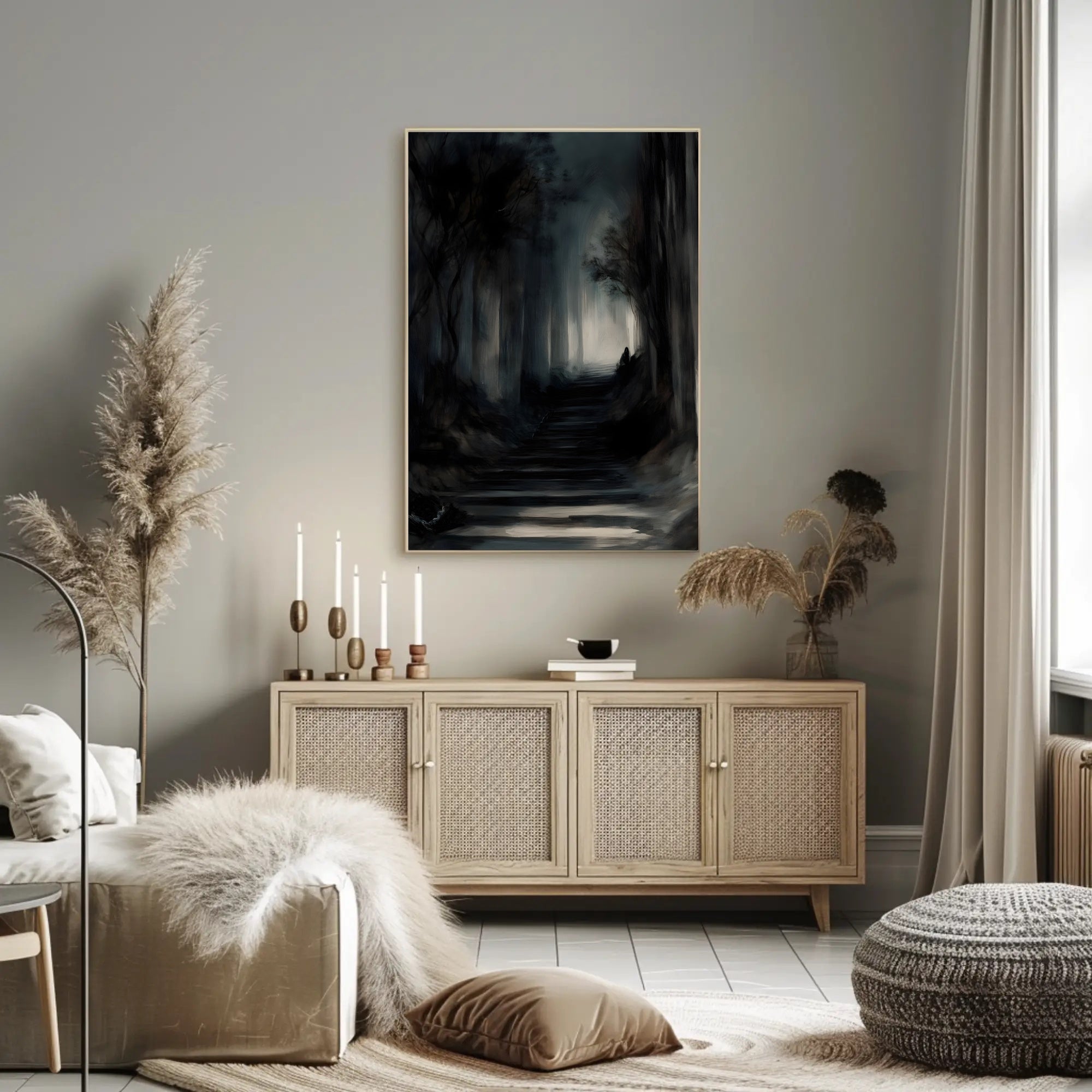 Mysterious Dark Forest Scene Artistry - Artistic Poster PosterGoat