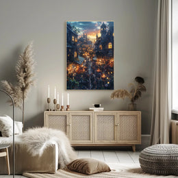 Whimsical Fantasy Market Scene Sunset Fantasy Poster PosterGoat