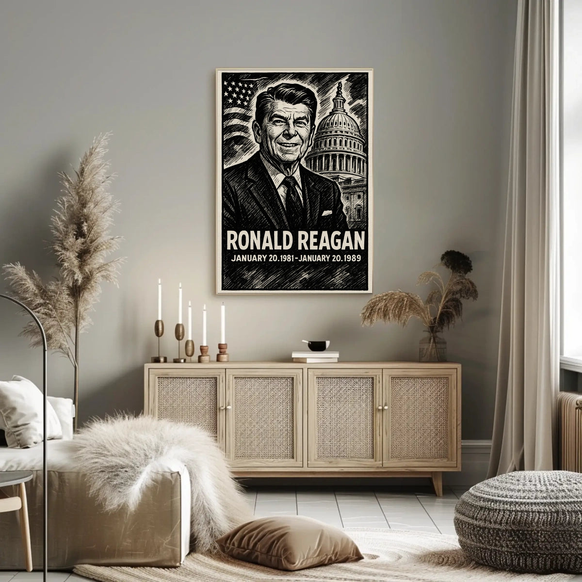 Ronald Reagan 40th President of the United States B & W Comic Sketch Poster