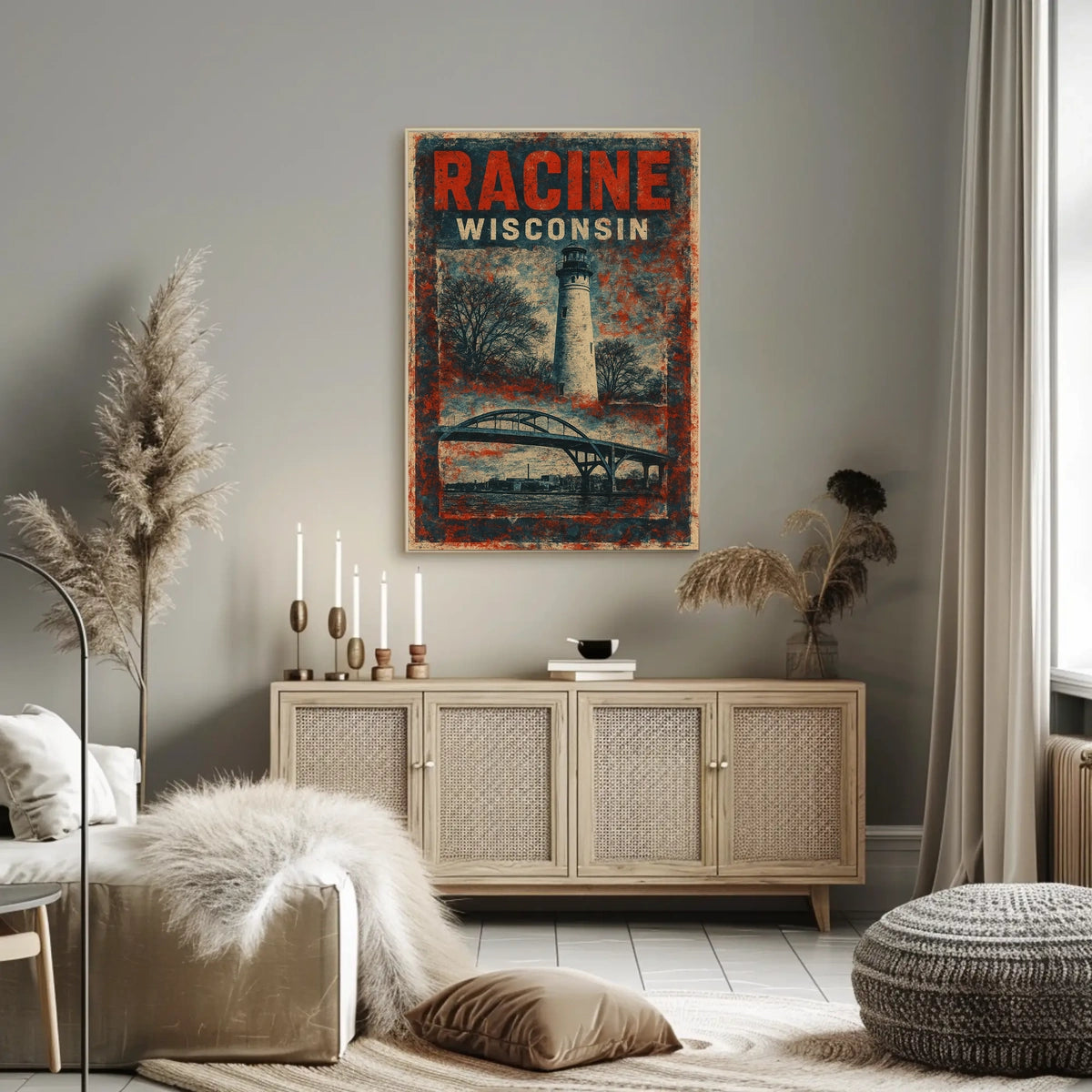 Racine Lighthouse Vintage Travel Mid Century Retro Coastal Scenic Autumn Harbor Light Poster