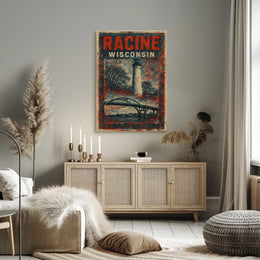 Racine Lighthouse Vintage Travel Mid Century Retro Coastal Scenic Autumn Harbor Light Poster