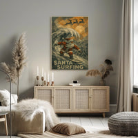 Santa Surfing Holiday Poster with Reindeer Silhouettes