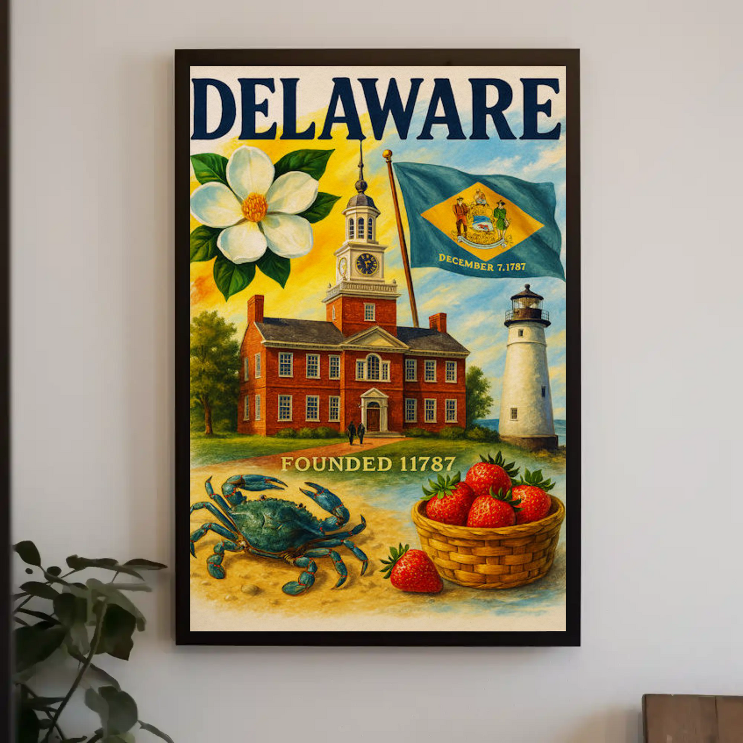 Delaware Flag Crab Strawberries Travel Poster