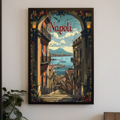 Napoli Italy Coastline Street View Travel Poster