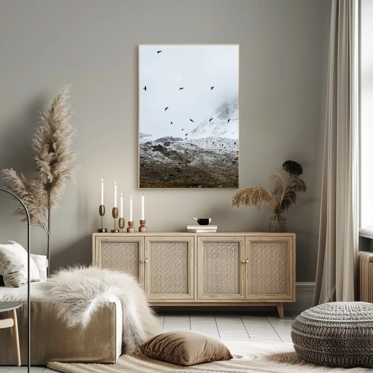 Birds In Flight Over Snowy Peaks Poster