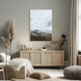 Birds In Flight Over Snowy Peaks Poster