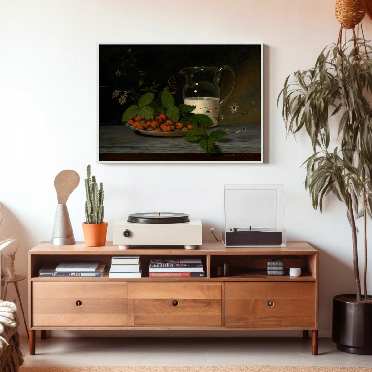 Classic Still Life with Strawberries and Milk Artistic Poster