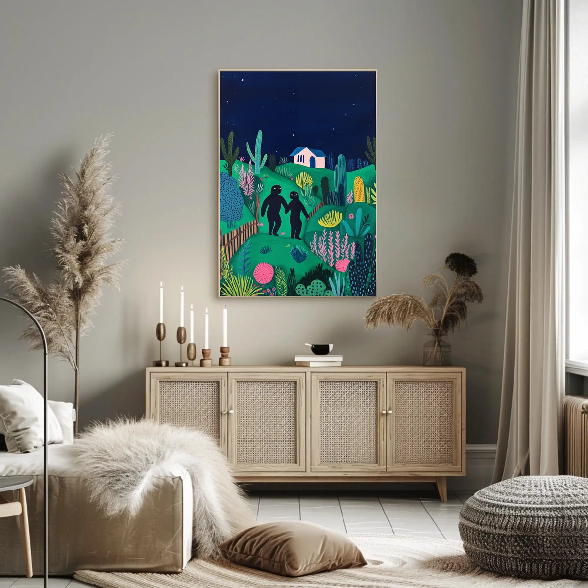 Surreal Landscape Night Figures Whimsical Poster