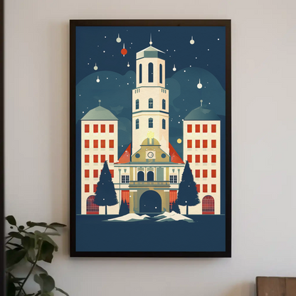 Winter Town Hall Scene With Stars Travel Poster