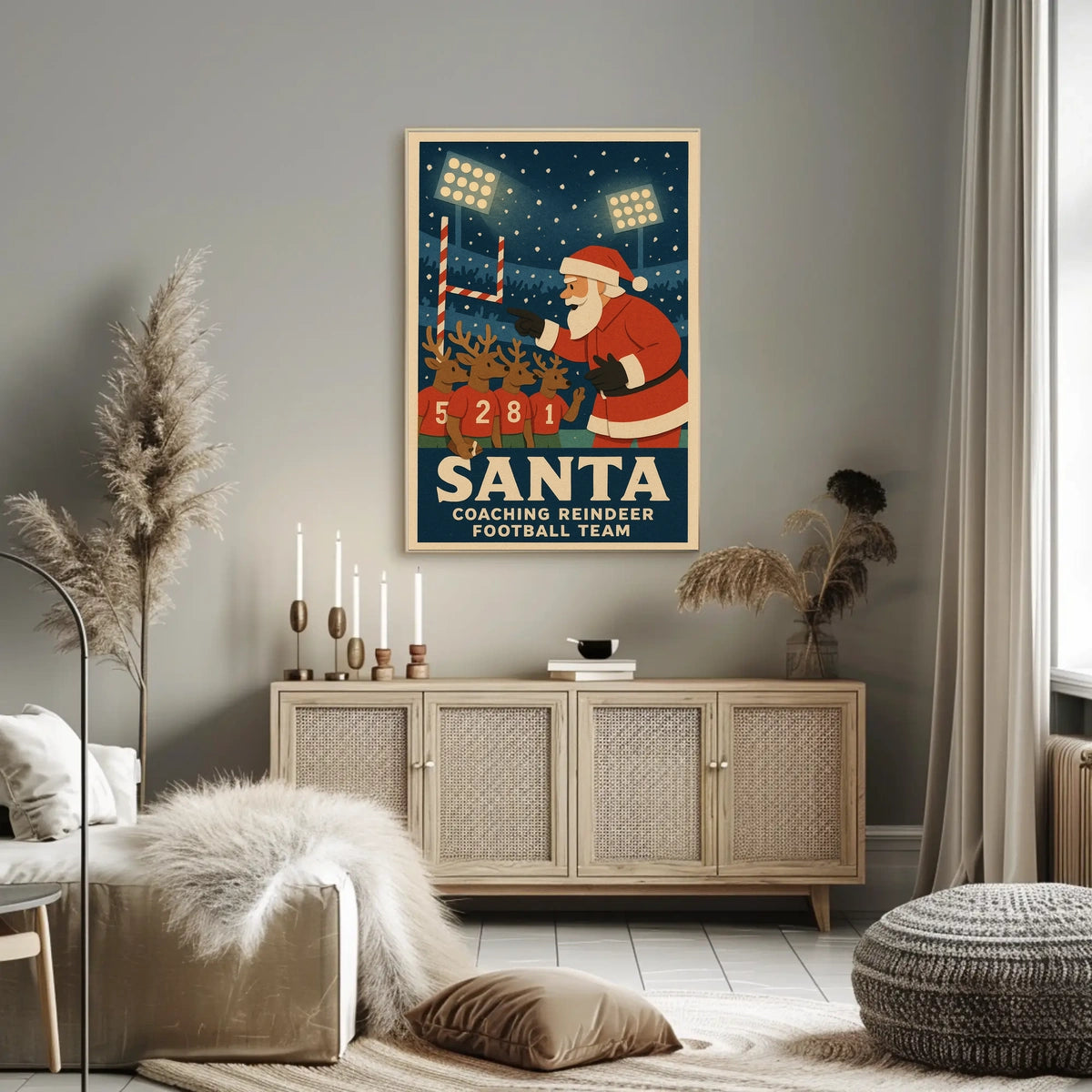 Santa Coaches Reindeer in Vintage Football Scene