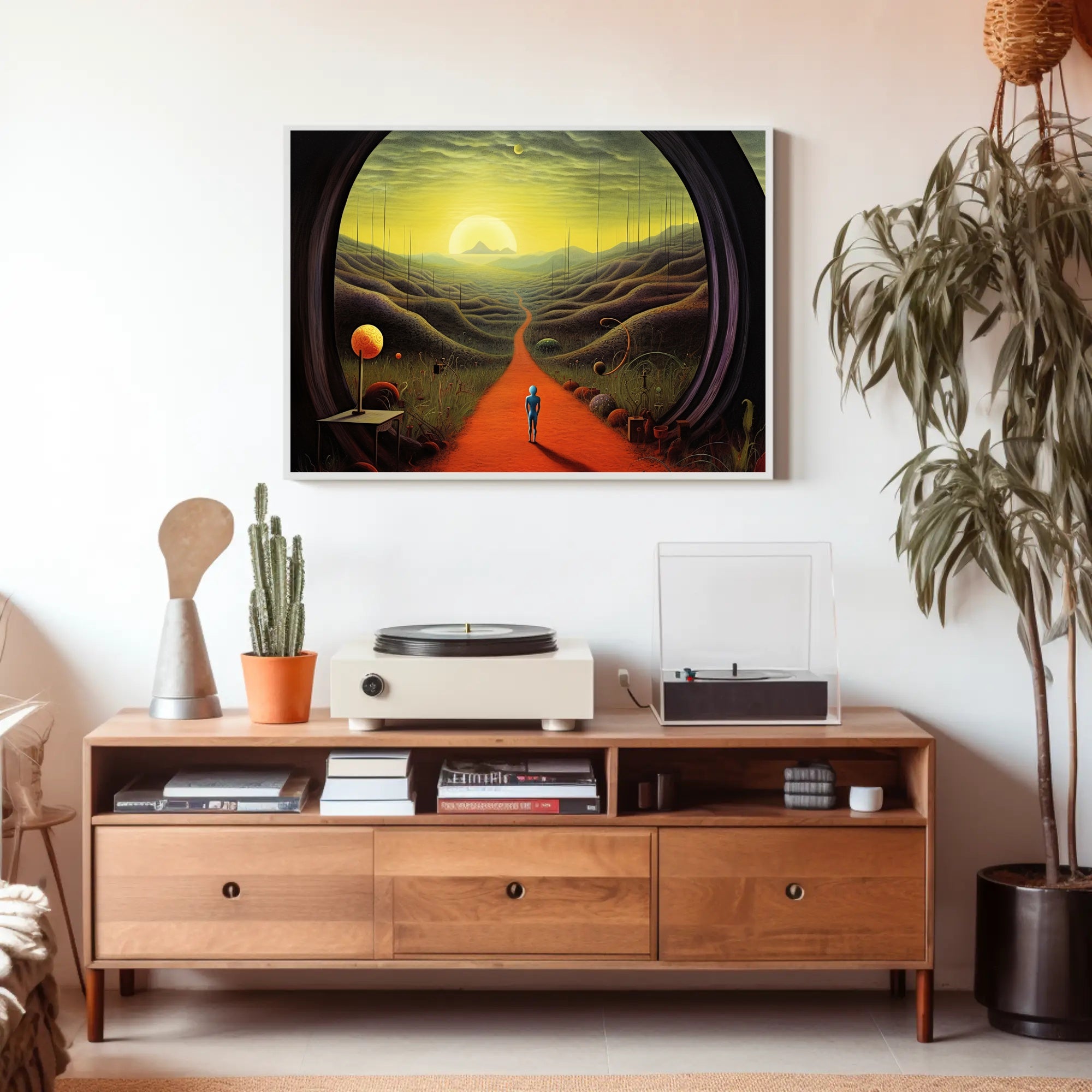 Surreal Explorer Landscape Portal: Futuristic Sci-Fi Poster