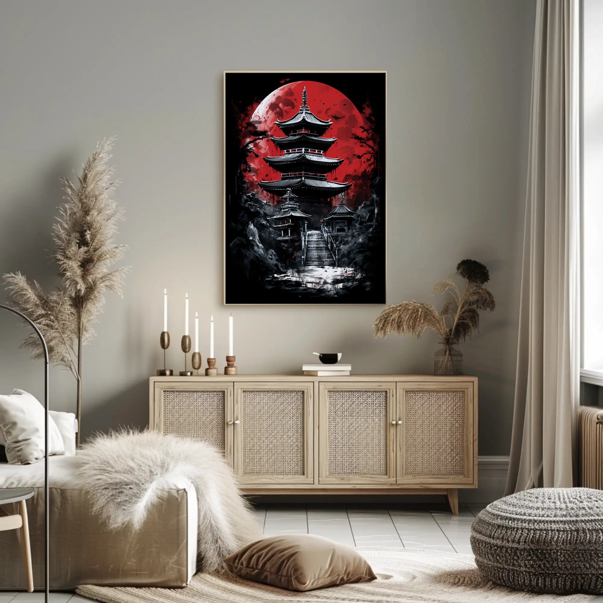Traditional Japanese Pagoda with Red Moon Cultural Poster