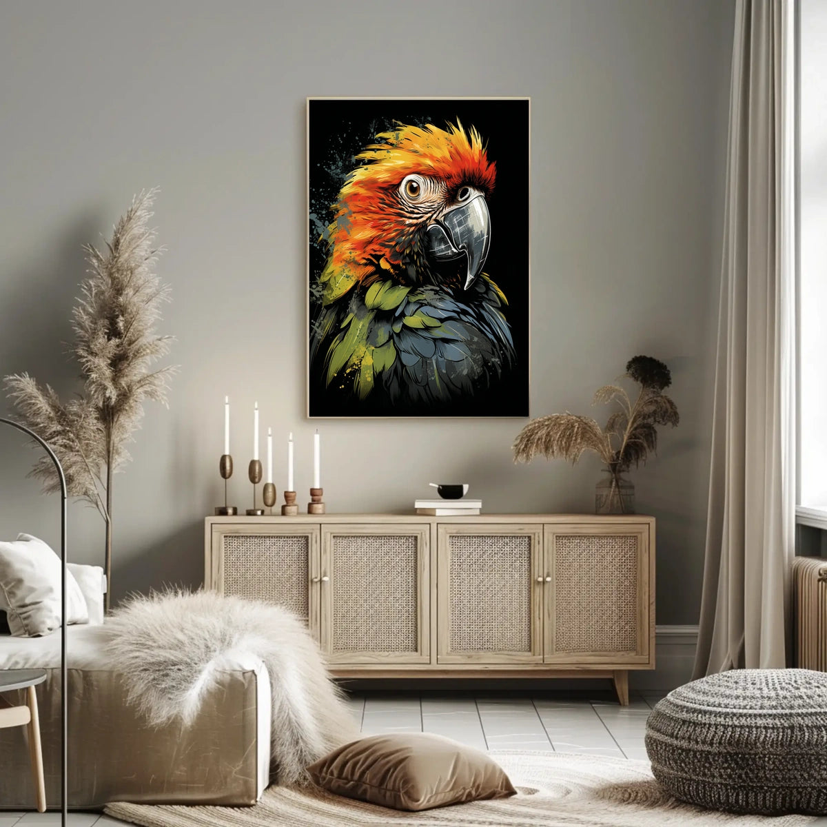The poster features a striking, stylized illustration of a parrot. The bird is Travel Poster