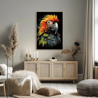 The poster features a striking, stylized illustration of a parrot. The bird is Travel Poster