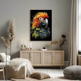 The poster features a striking, stylized illustration of a parrot. The bird is Travel Poster