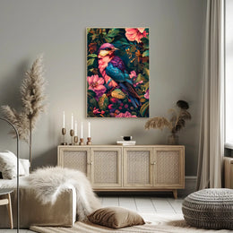 Vibrant Blue Pink Bird Perched Among Tropical Flora Poster