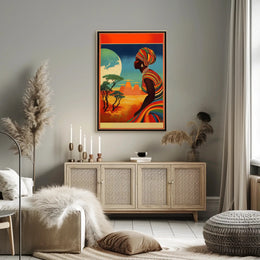 Radiant Earth: Woman in Traditional Attire with Moonlit Landscape Poster