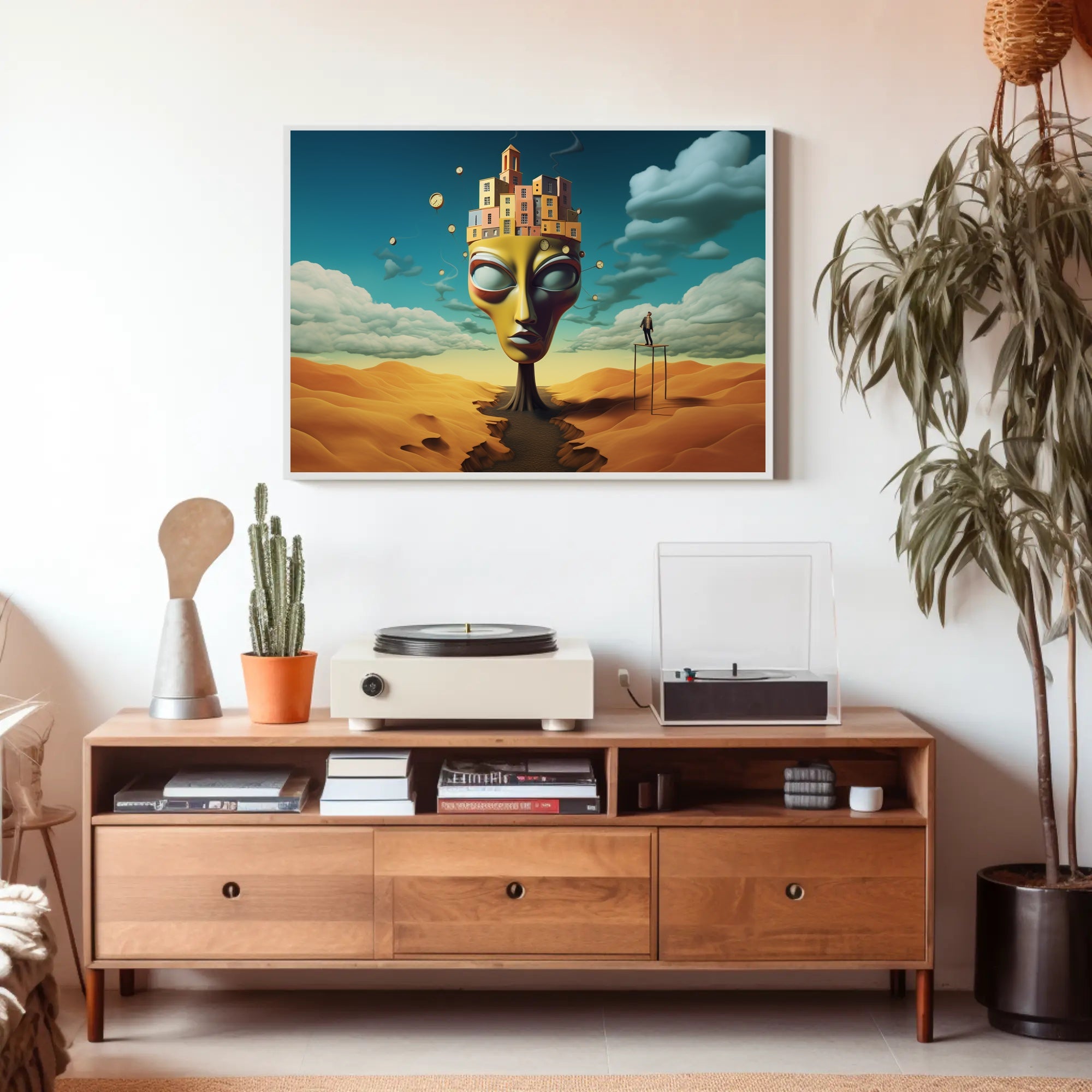 Surreal Desert Landscape with Whimsical Architecture Poster