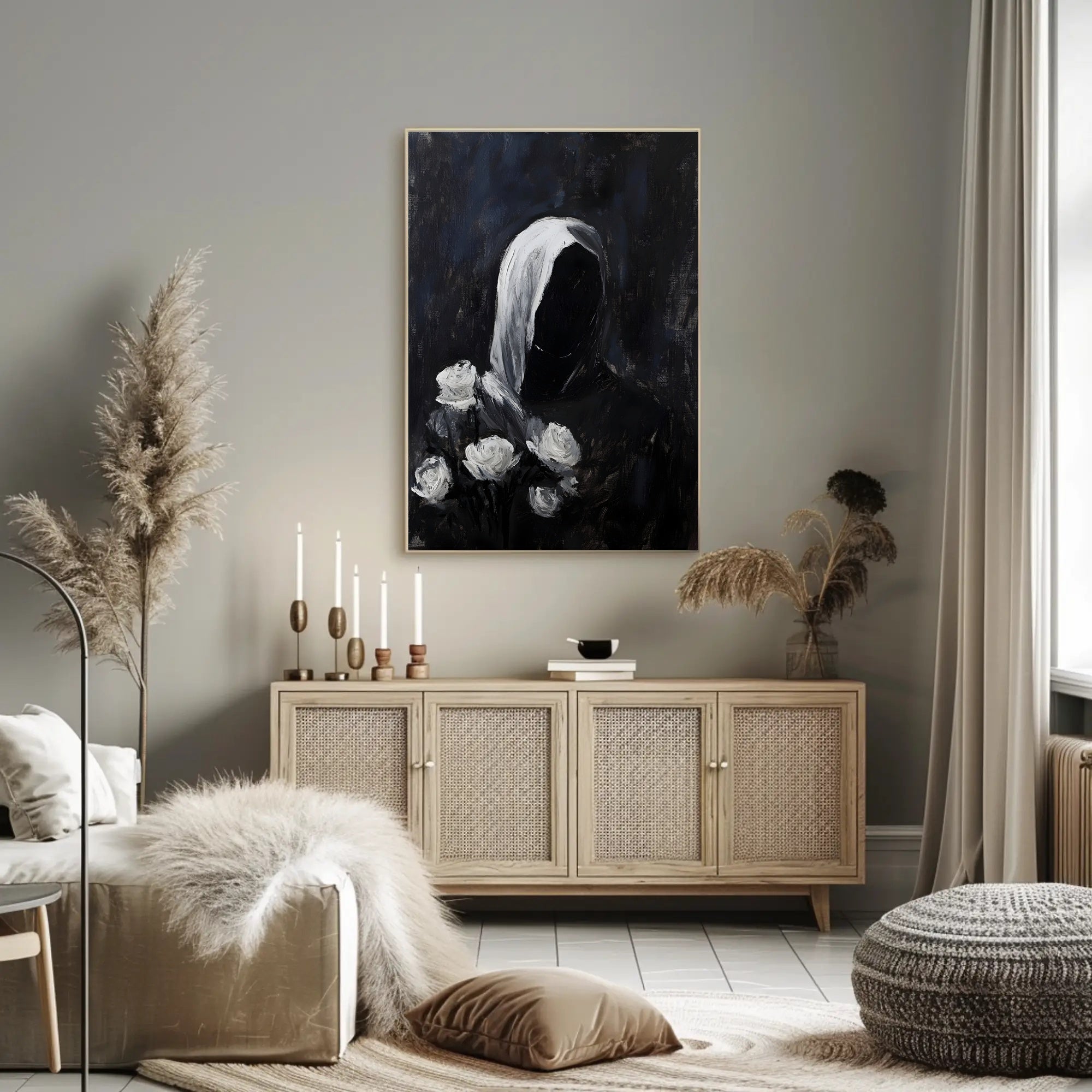 Cloaked Figure with Roses Abstract Artistic Poster PosterGoat
