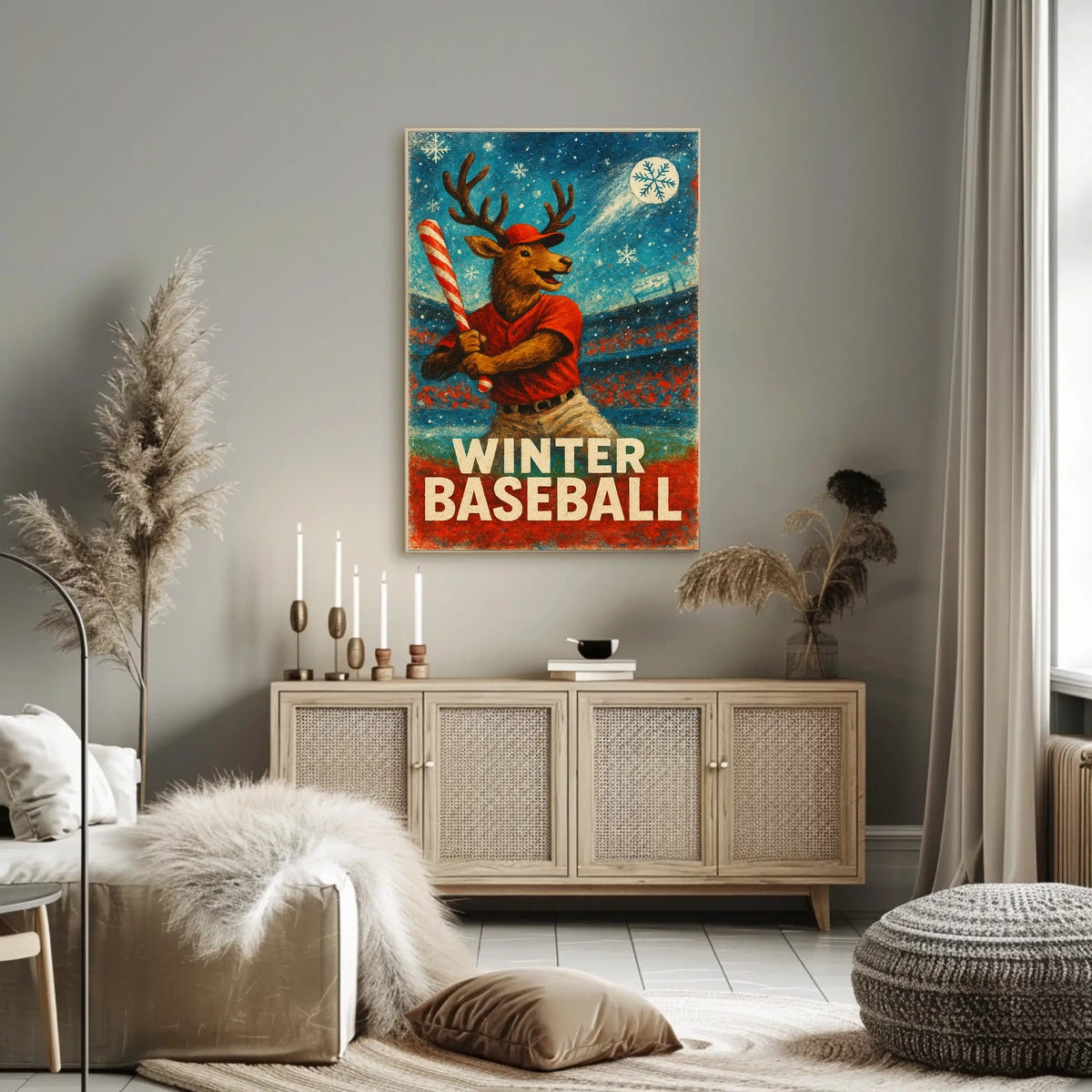 Winter Baseball Deer Poster: Festive Sports Art
