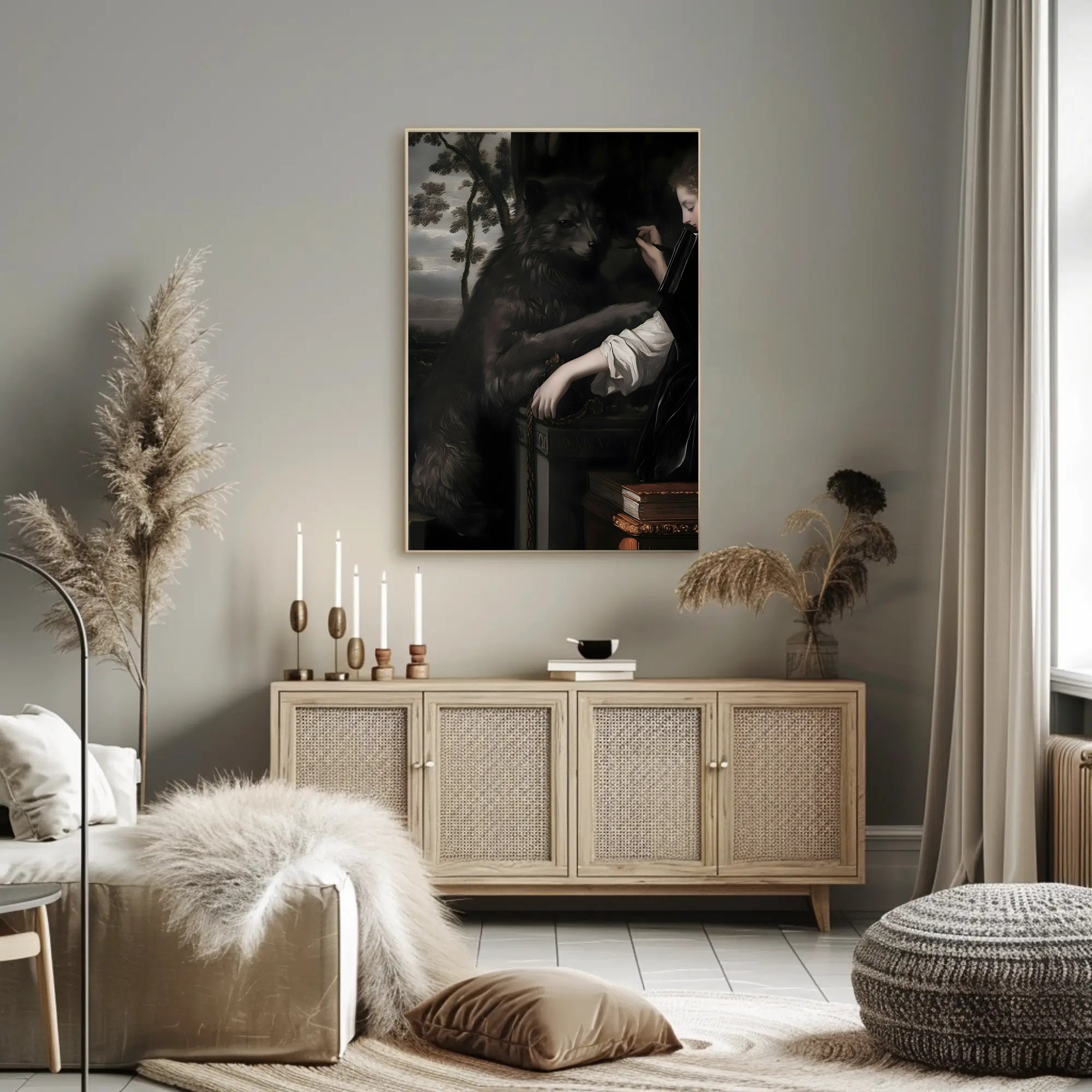 Lady and Wolf in Ornate Library Fantasy or Mythology Poster PosterGoat