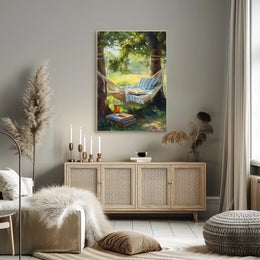 Relaxing Outdoor Hammock Between Trees With Books Poster