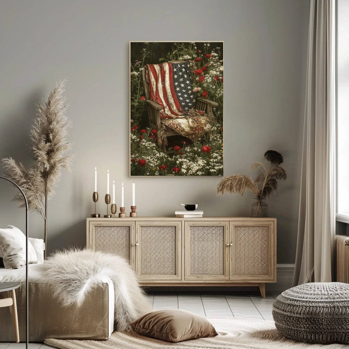 rustic garden chair with an old American flag draped Poster