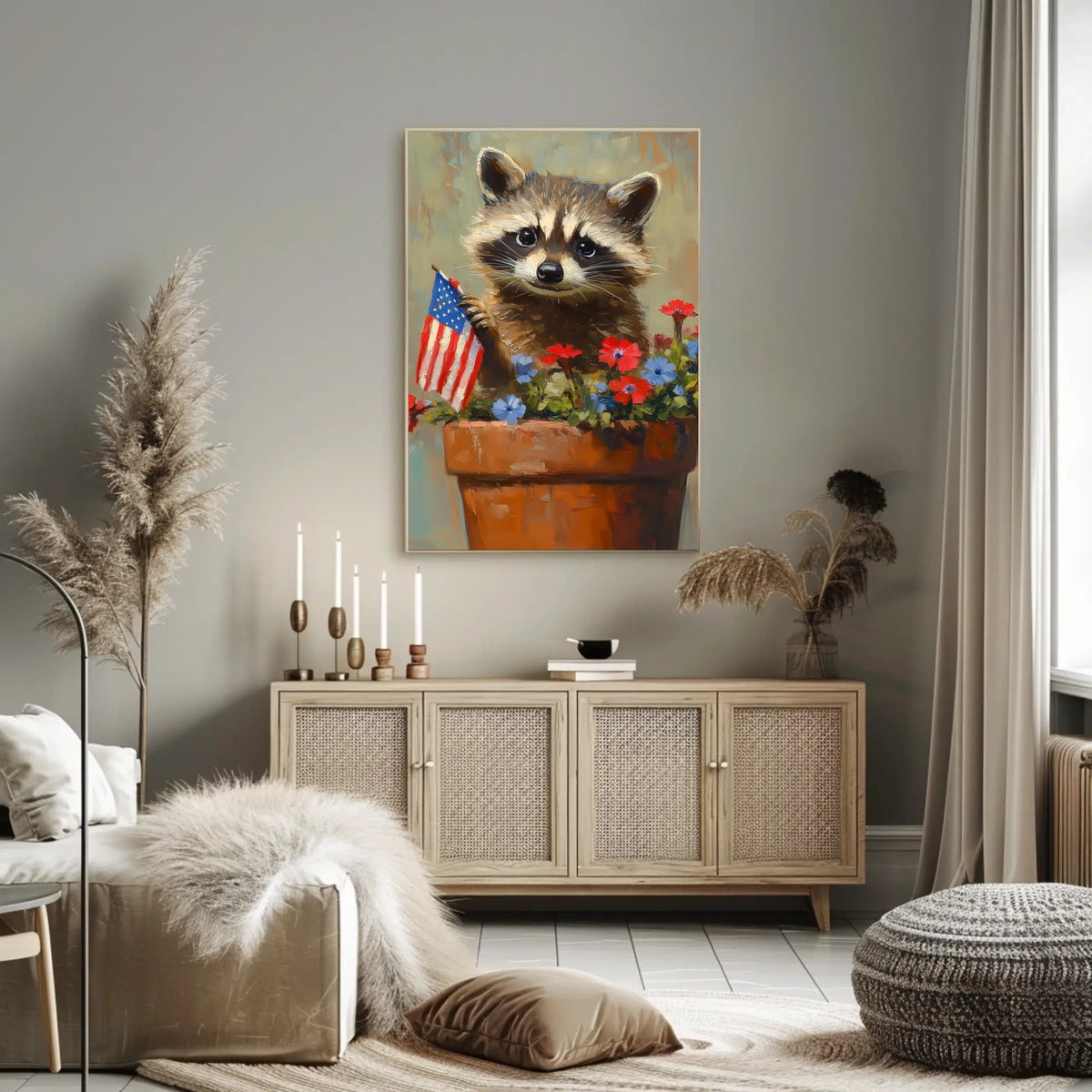 raccoon popping out of a large clay flowerpot Poster