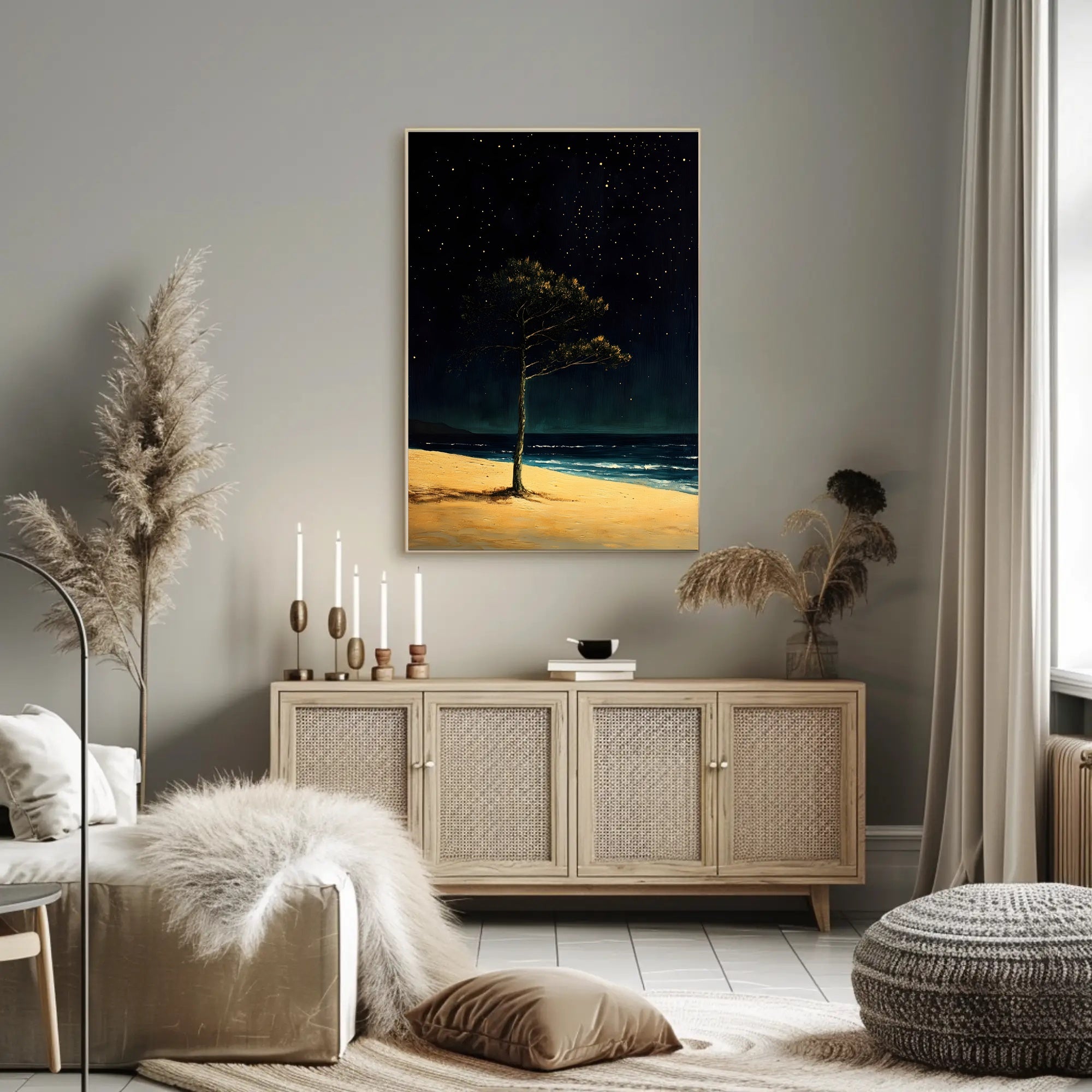 Solitary Tree Poster Starry Night Minimalist Beach