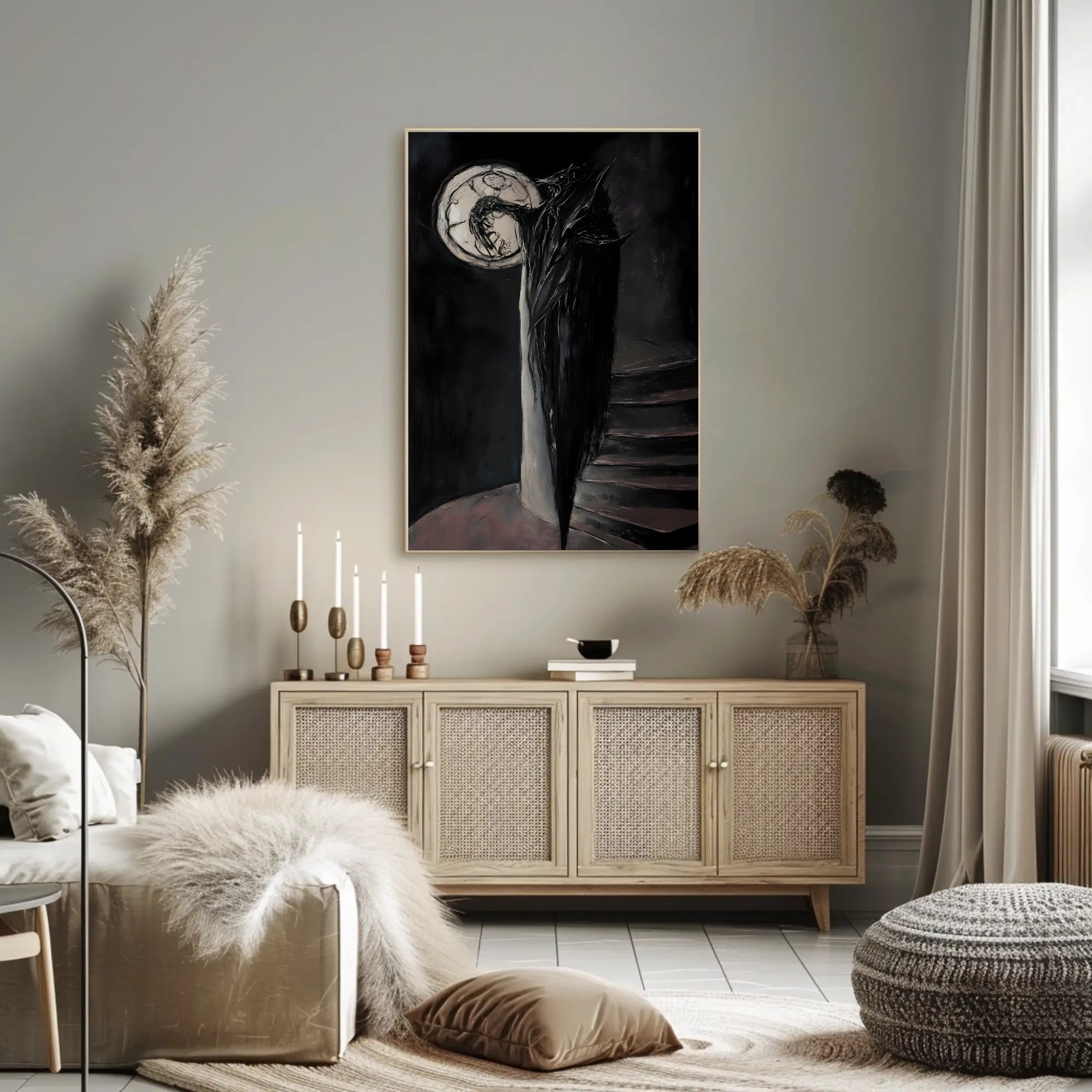 Shadowy Figure Meets Cracked Moon Fantasy or Mythology Poster PosterGoat