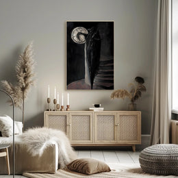 Shadowy Figure Meets Cracked Moon Fantasy or Mythology Poster PosterGoat