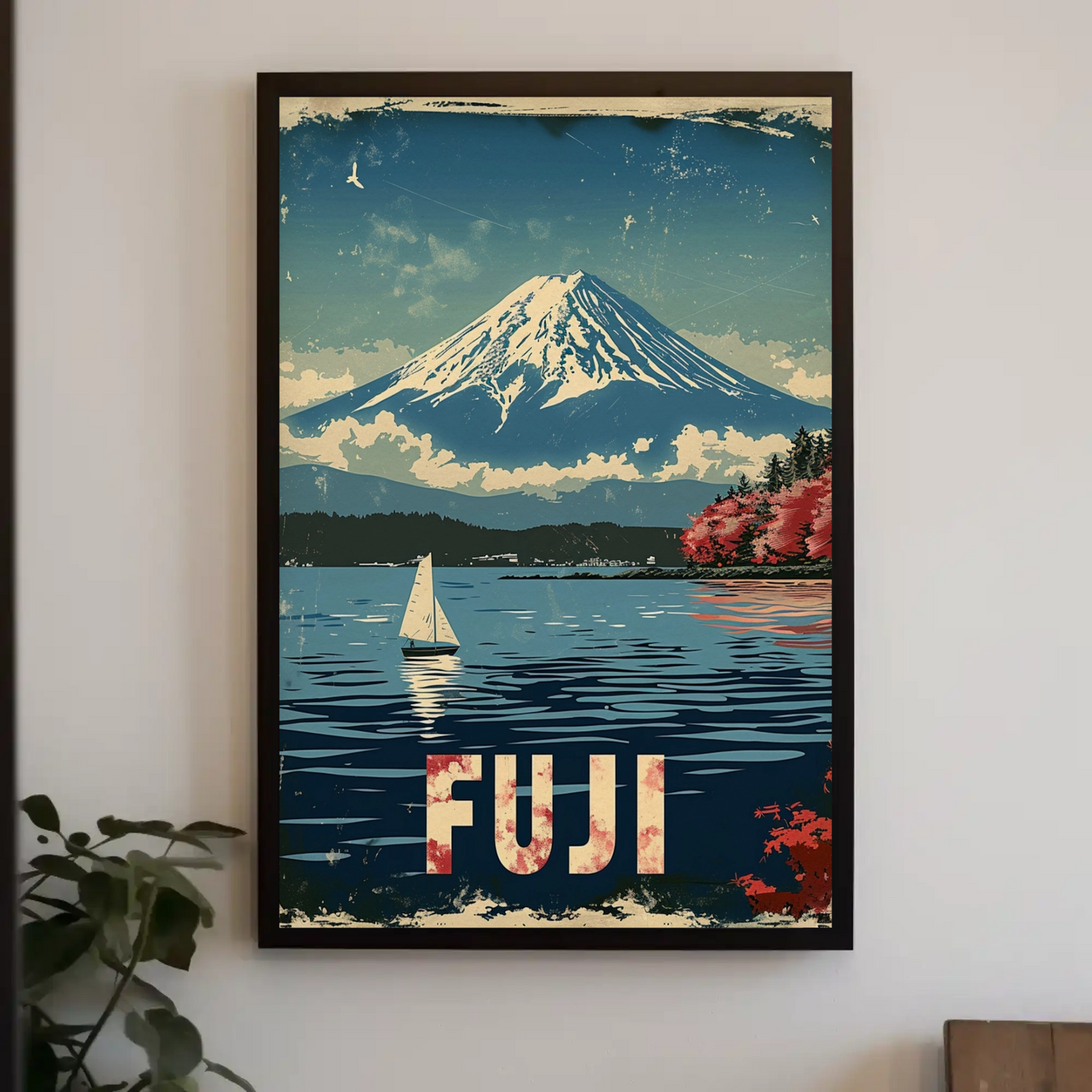 Fuji Mountain Sailing Scene Vintage Travel Poster